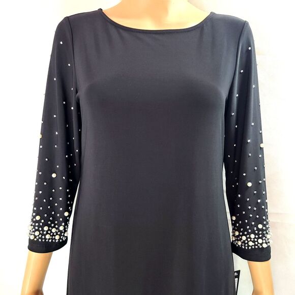 New NICOLE MILLER Woman's (M) Black Knit w/Pearl Embellishment 3/4 Sleeve Dress - Picture 2 of 13